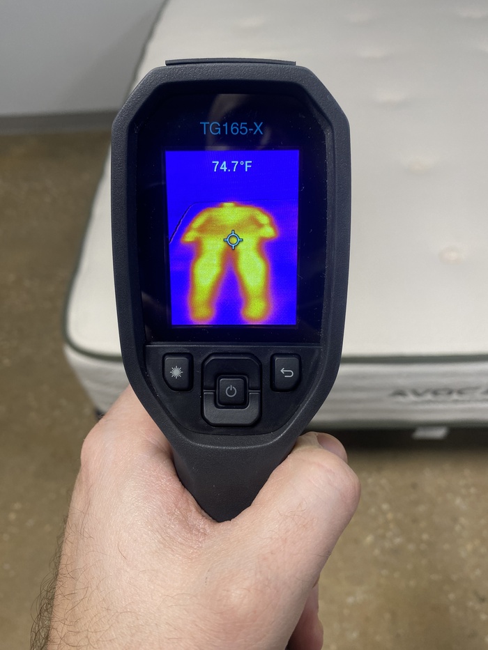 A closeup of someone reading the Avocado Green's temperature with a thermal gun.