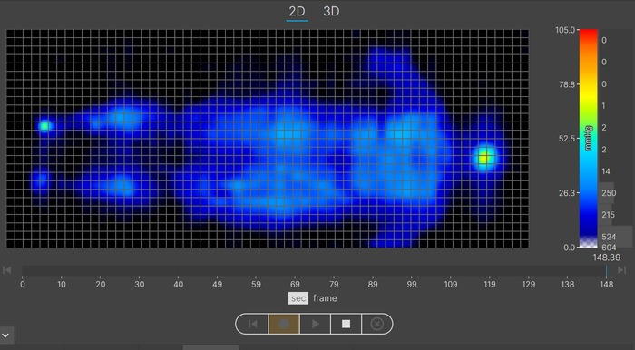 A thermal graphic showing pressure buildup on our average-weight tester's body while lying on the Brooklyn Bedding Aurora Luxe in the back-sleeping position. The graphic is almost entirely blue, indicating little to no pressure buildup.