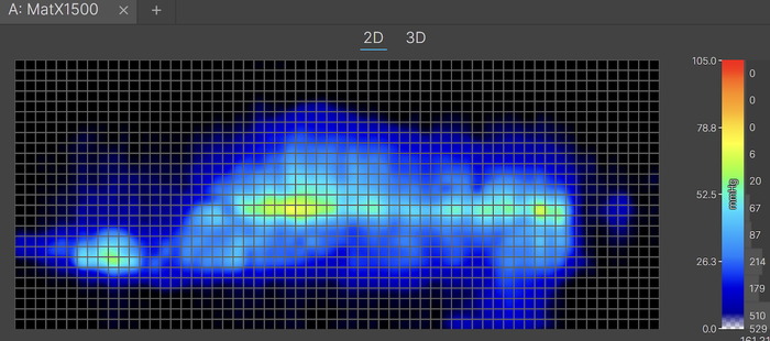 A thermal graphic displaying pressure buildup for a heavyweight sleeper on the Birch Natural in the side-sleeping position. The graphic is mostly blue with some yellow at the hip and shoulder, indicating moderate pressure buildup in these areas.