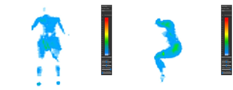 A graphic of one of our mattress tester's bodies, showing low pressure buildup with cool colors and high pressure buildup with warm colors.