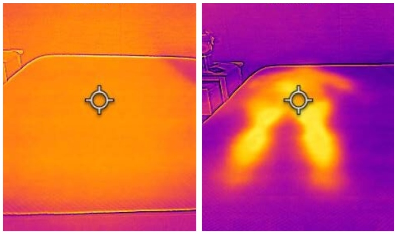 A comparison of thermal readings of a Nectar Premier before and after 5 minutes of use.