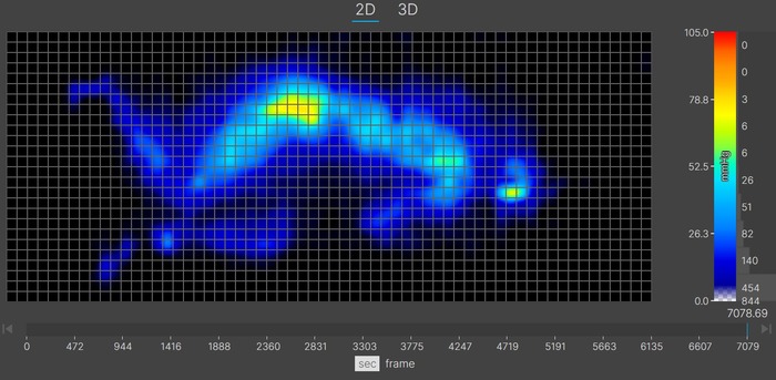 A thermal graphic showing a lightweight sleeper lying on the Nectar Luxe Hybrid in the side-sleeping position. There's some yellow at the hips, indicating moderate pressure buildup.