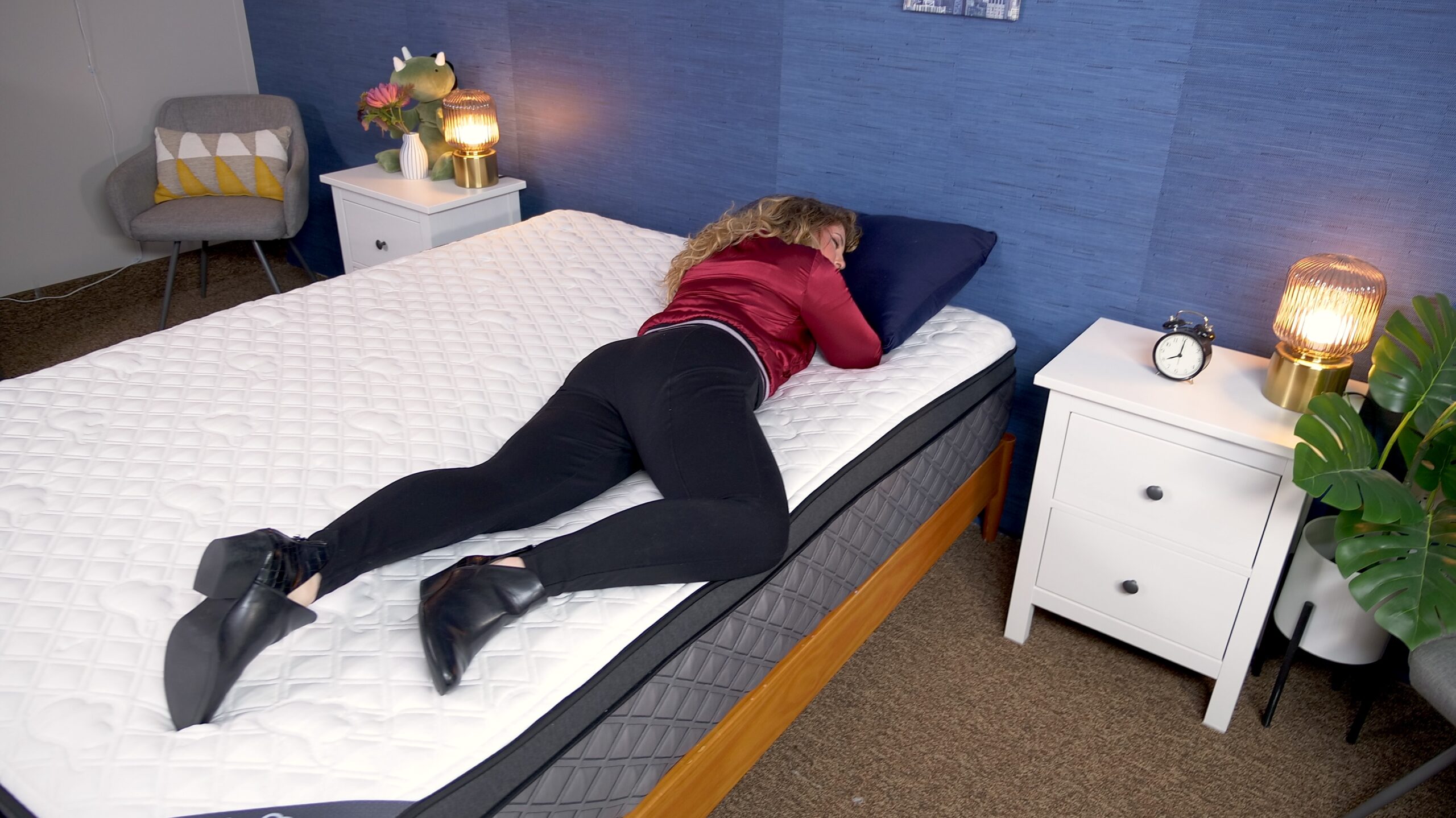 Nichole stomach sleeping on the Puffy Lux Hybrid