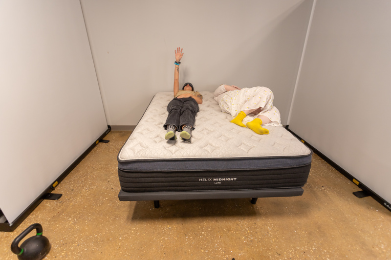 Our testers doing a partner test to assess motion isolation of the Helix Midnight Luxe Mattress