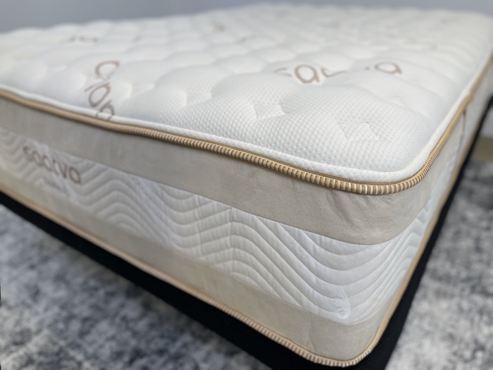A closeup of one corner of the Saatva Rx mattress.