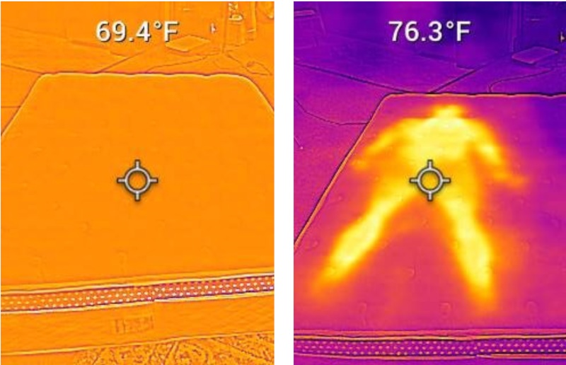 A side-by-side comparison of thermal testing images of the WinkBed mattress. The temperature rose 6.9 degrees after one of our testers lying on it.